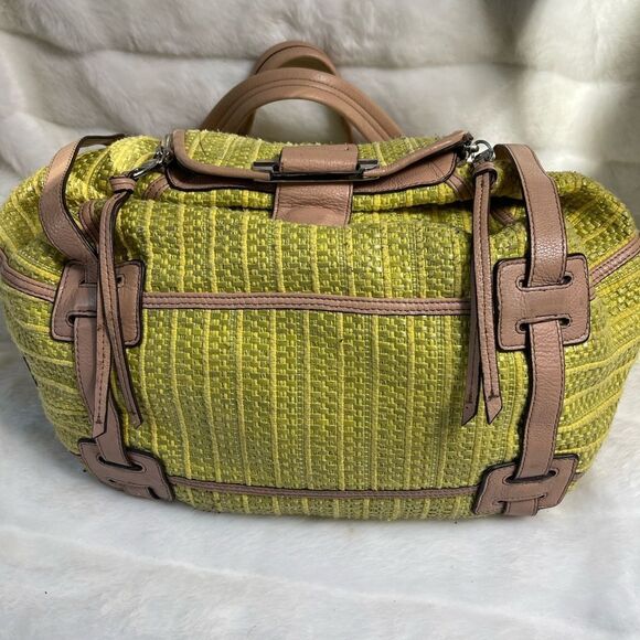 KOOBA Green fabric & raffia weave with tan leather straps & trims shoulder bag - Picture 4 of 14